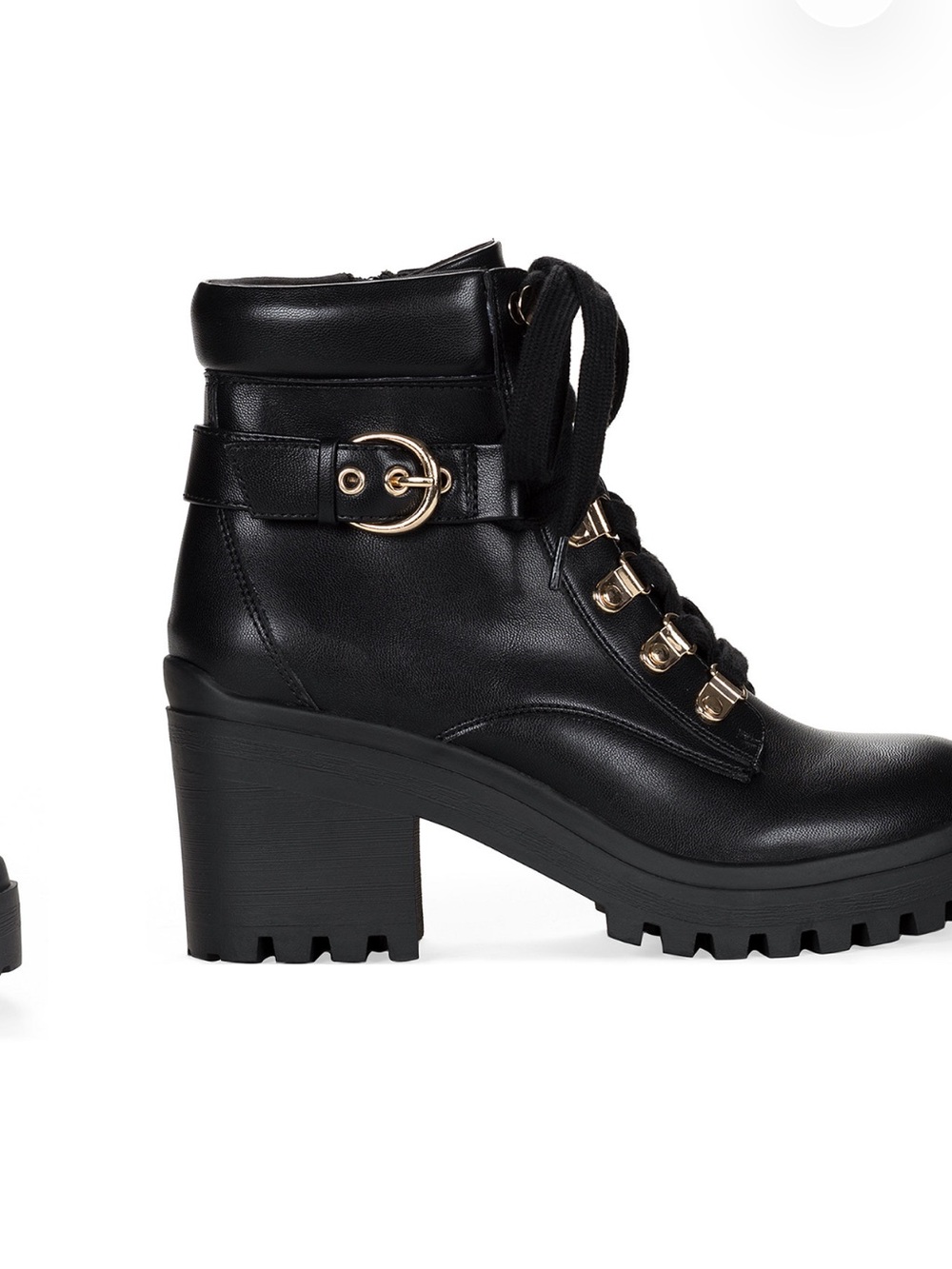 Wild Pair Black Lace-Up Chunky-Heel Ankle Boots with Gold Buckle
